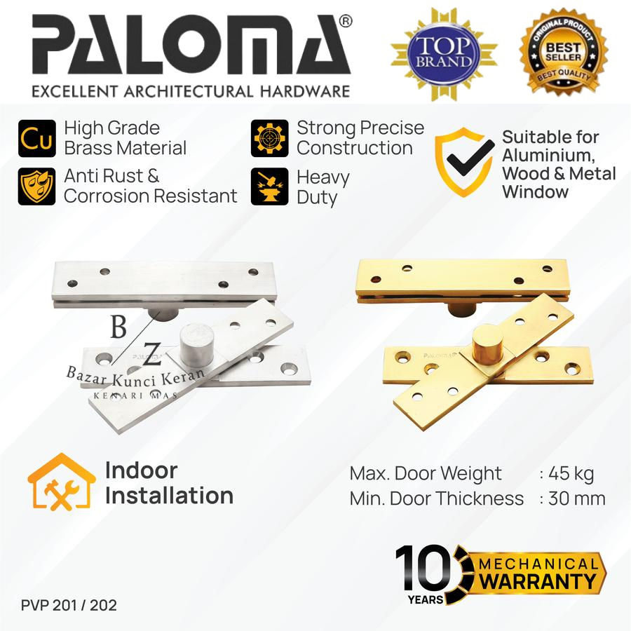 Engsel Jendela Putar / Pivot Max Berat 45KG Kuningan Brass Bergaransi PALOMA PVP 201 / 202