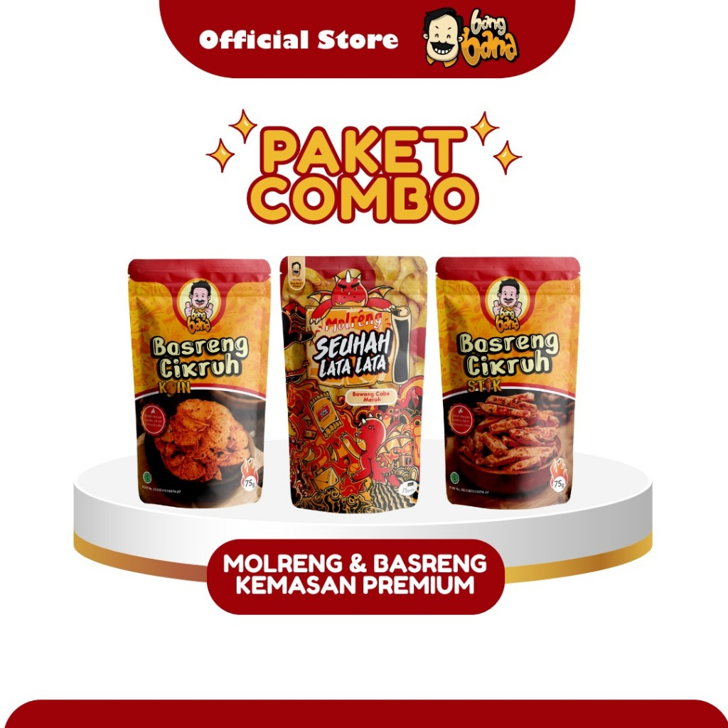 

Paket Bundling Hemat Cemilan Molreng Cikruh Pedas Basrenng Pedas Daun Jeruk Kemasan Premium 75 Gram