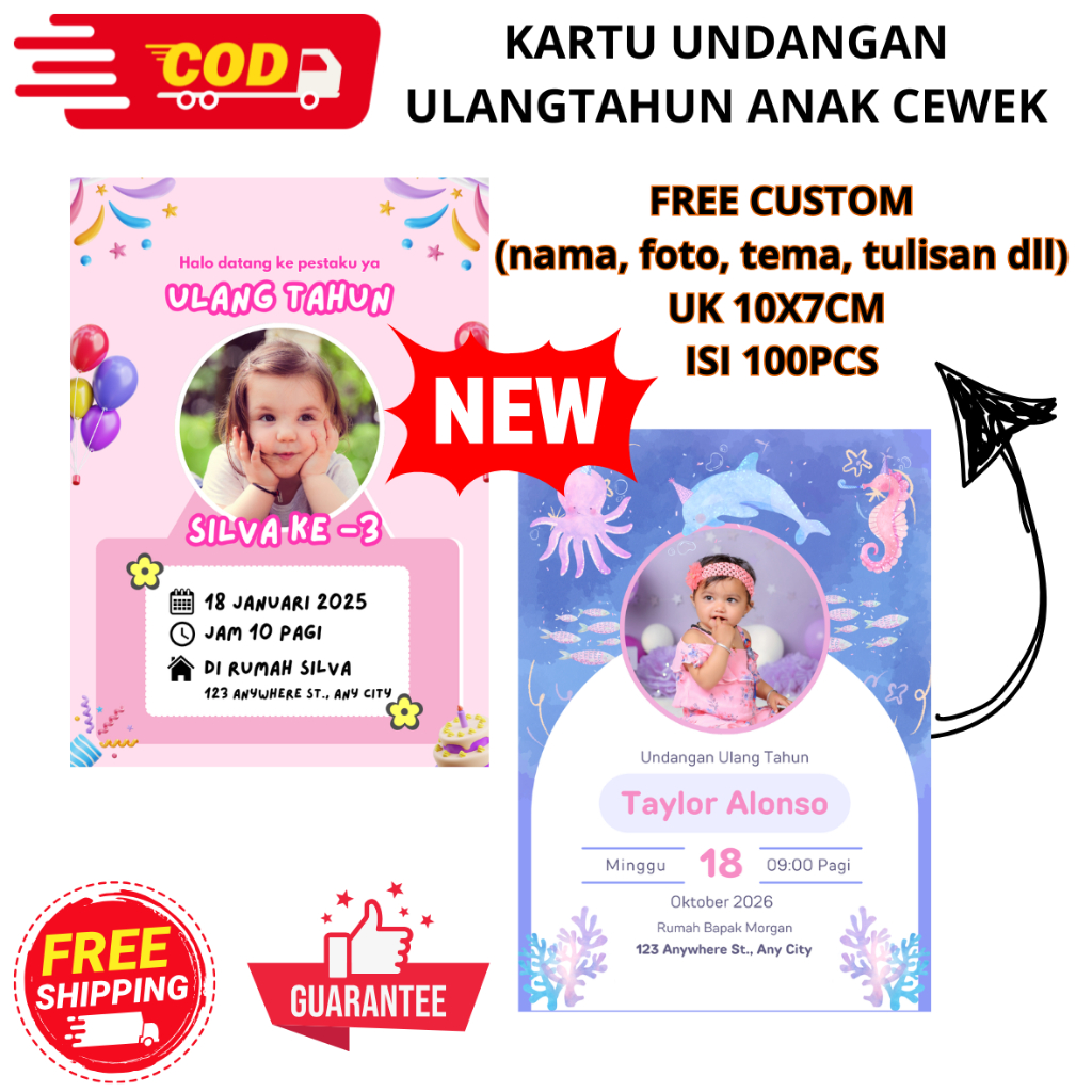 (ISI 100PCS) kartu undangan anak cewek murah - kartu undangan ulangtahun anak karakter - kartu undan