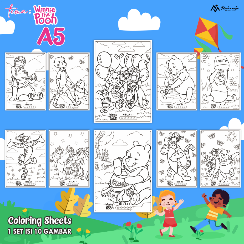 

[WINNE THE POOH] KERTAS MEWARNAI ANAK - LEMBAR GAMBAR READY STOCK 1 SET UKURAN A5 - COLORING SHEET