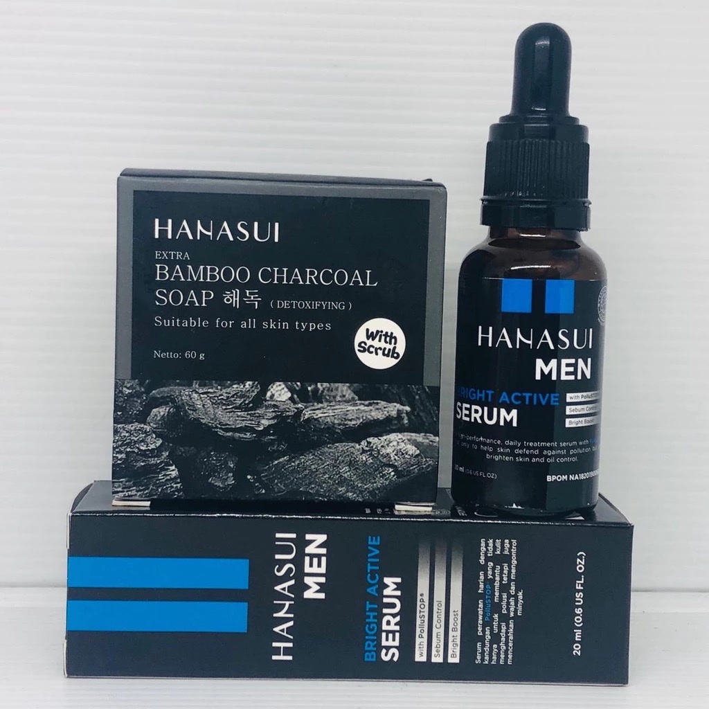 [ BPOM ] Paket Perawatan Wajah Hanasui 2IN1 Pemutih Wajah Hanasui Men Serum & Sabun Bamboo Charcoal