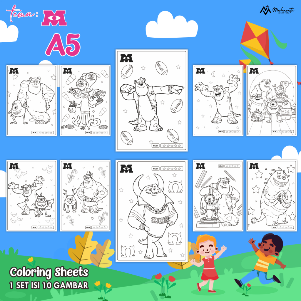 

[TEMA M] KERTAS MEWARNAI ANAK - LEMBAR GAMBAR KARTUN READY STOCK - COLORING SHEET FOR KIDS UK. A5