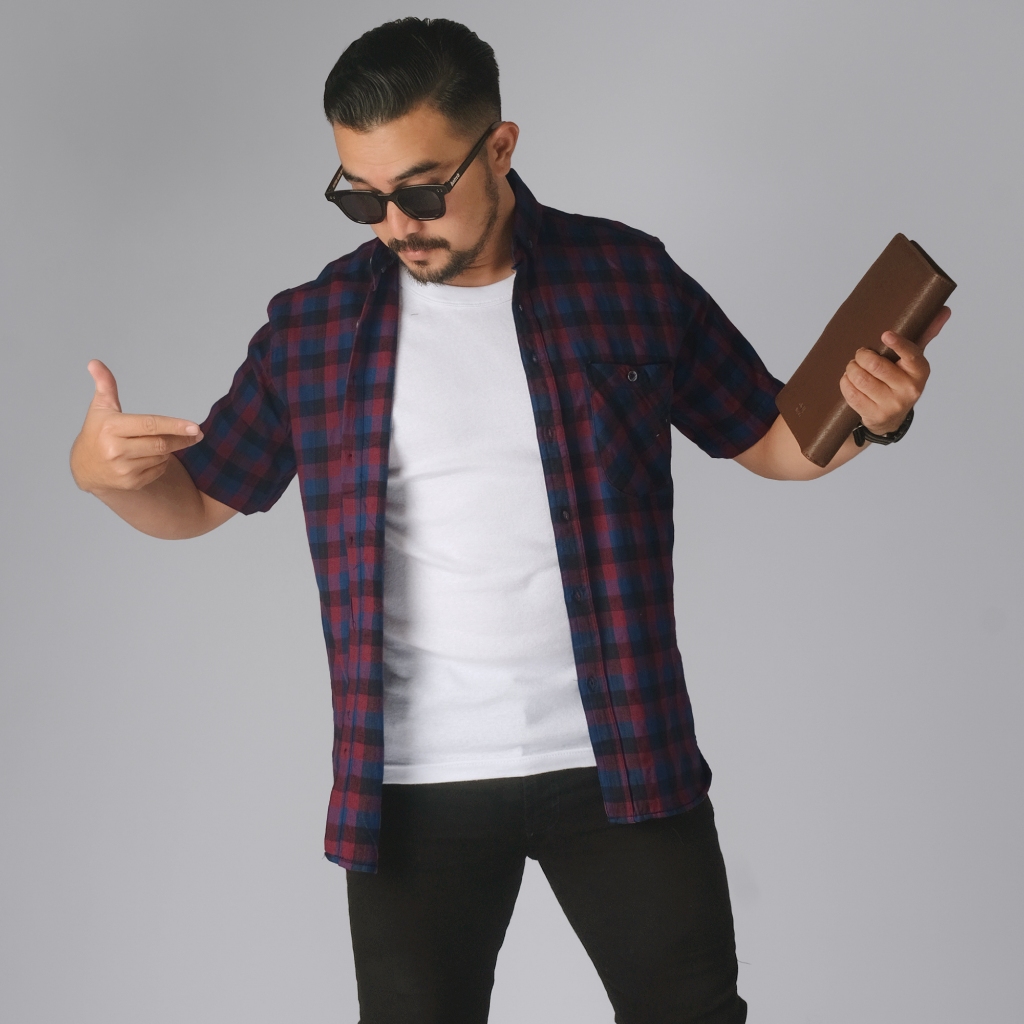 PAKAJI Kemeja Flanel Pria Lengan Pendek Premium Kemeja Pria Merah-Biru Garis Hitam 2636