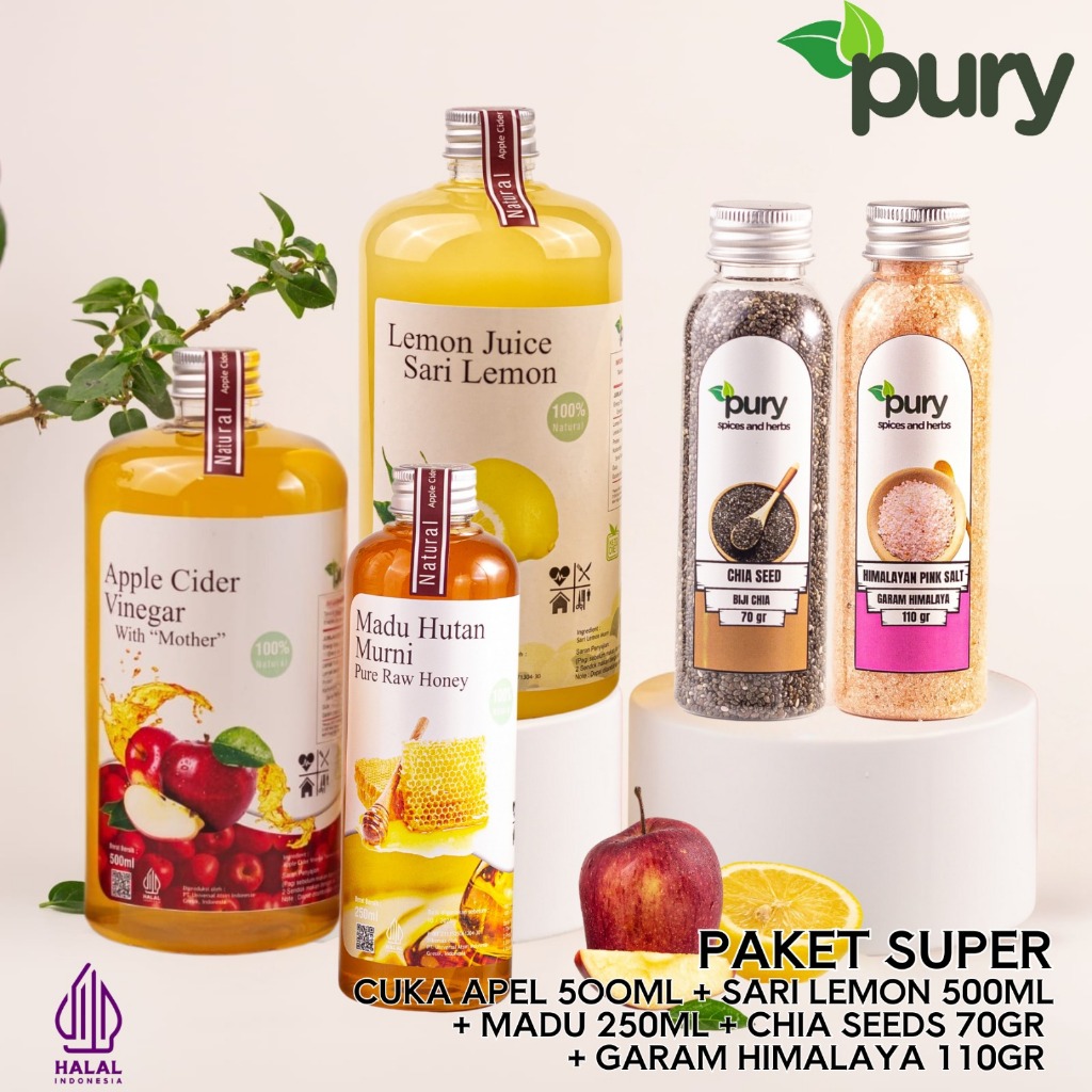 

PURY Paket Super Cuka Apel 500ml Sari Lemon 500ml Madu 250ml Chia Seeds 70gr Garam Himalaya 110gr