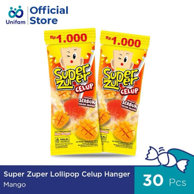 

PERMEN ASAM MANIS SUPER ZUPER CELUP [ 1 BUNGKUS ISI 30 PCS @8.5G] | SUPER ZUPER CELUP ASAM MANIS LEMON MANGGA | SUPER ZUPER MANGGA | SUPER ZUPER LEMON | SUPER ZUPER SERBUK| SUPER ZUPER LOLIPOP
