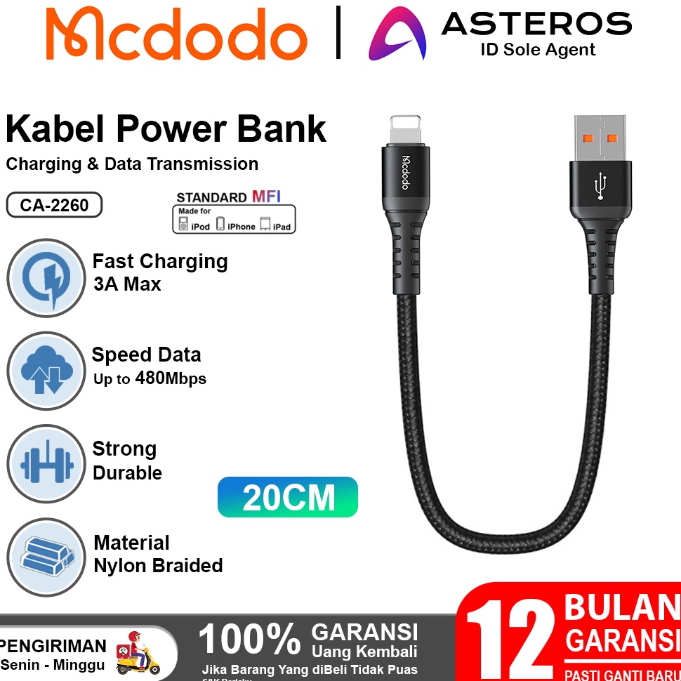 55STOK TERBATAS MCDODO Kabel Pendek Power Bank USB to Lightning Fast Charging 2CM CA226