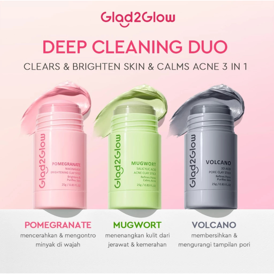 Glad2Glow Clay Stick Volcano  & Pomegranate Niacinamide Brightening & Mugwort Salicylic Acid G2G