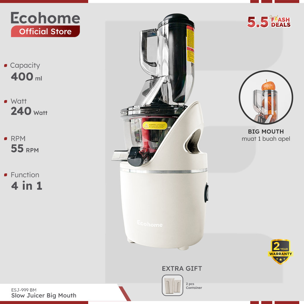 ECOHOME Slow Juicer Big Mouth ESJ999BM 55 RPM Pengekstrak Buah Low Watt Easy Clean Multifungsi