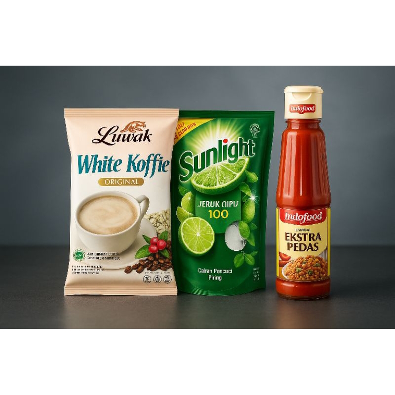 

1 RENCENG KOPI LUWAK WHITE KOFFIE 20 GRAM ISI 10 SACHET + 1 SUNLIGHT PENCUCI PIRING REFIL 370 ML + 1 PCS SAMBAL INDOFOOD EKSTRA PEDAS BOTOL 270 ML