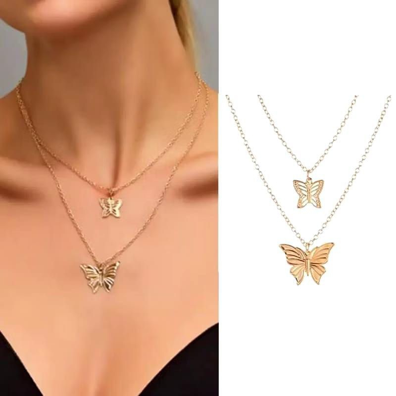 Kalung Korea Wanita multilayer Kupu-Kupu emas #Kalung Kupu-Kupu