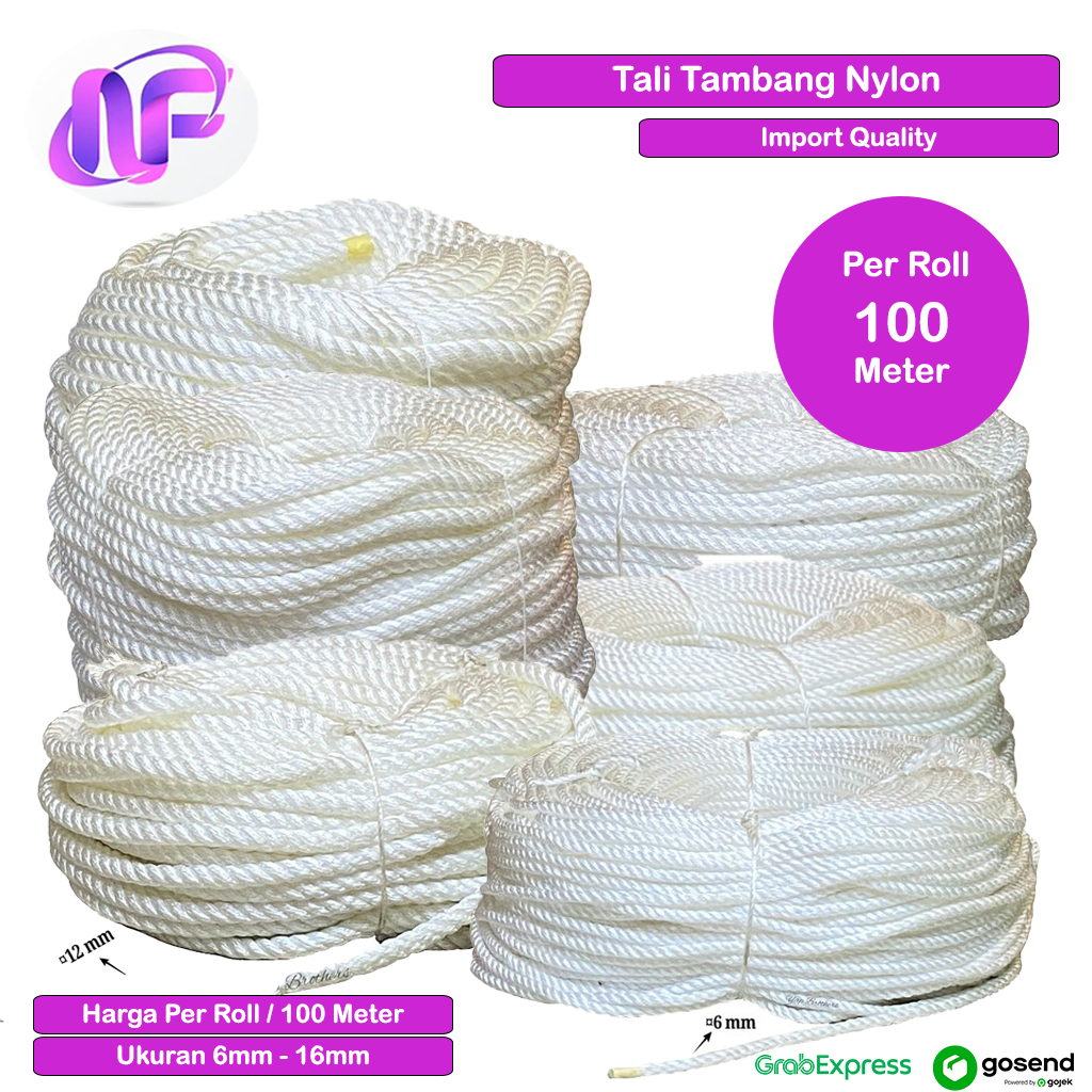 

Tali Tambang Nylon 6 mm - 16mm Roll Gulung Tambang Nilon Kecil Sedang Putih Per Roll Gulungan Murah Tali Tambang untuk Pengikat Barang Ikat Terpal Truck Mobil Tali Bahan Jaring Pengaman Tali Bendera Ikat Hewan Ternak Super Kuat Berkualitas Import