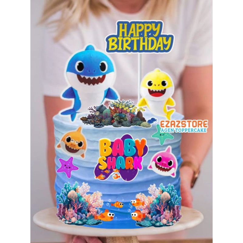 Topper Baby Shark, Topper cake, Hiasan kue ulang tahun topper karakter Baby Shark