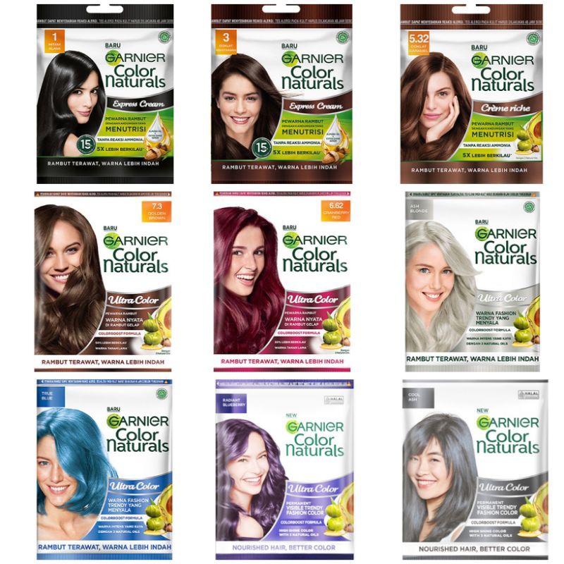 GARNIER Color Naturals pewarna rambut hitam caramel golden brown ash blonde dark cranberry red blueb