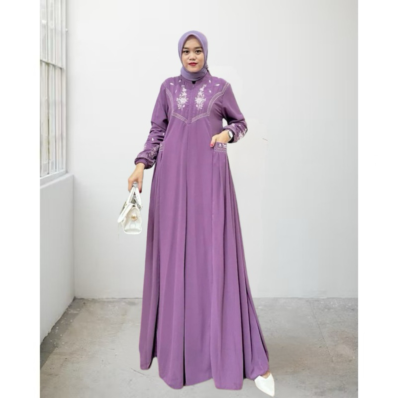 geneaby - Leony Gamis Dress Bordir Wanita Muslimah Bahan Crinkle Airflow Premium