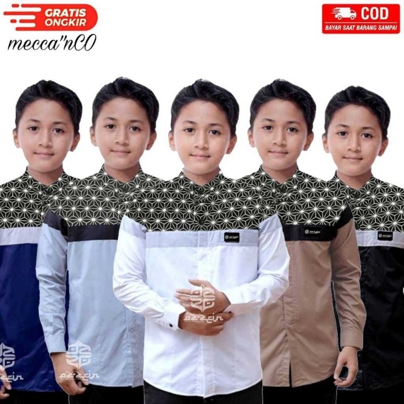 Mecca'nCo Baju Koko Anak Laki Laki Lengan Panjang Baju Koko Kombinasi Batik Baju Koko Putih Bisa COD