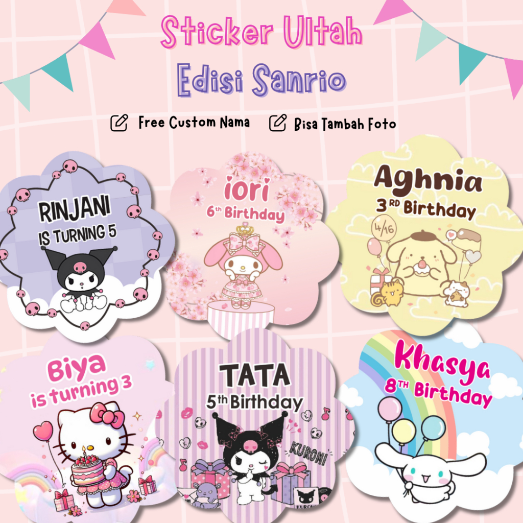 

Stiker Ultah Sticker Ulang Tahun Birthday Label CUSTOM NAMA Cinamoroll Kuromi Sanrio Edition