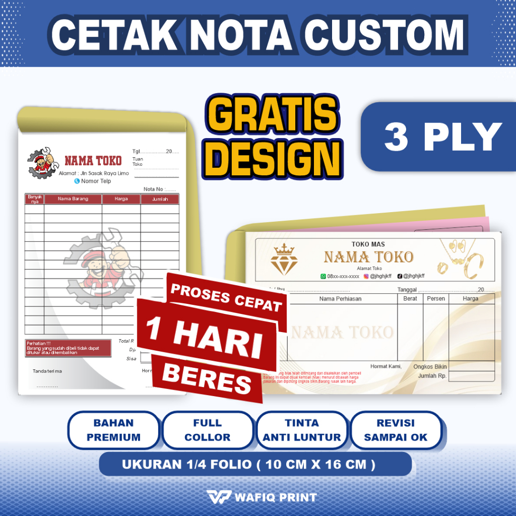 

Cetak Nota custom 3 PLY ukuran 1/4 gratis design full warna nama toko sendiri kwitansi pembayaran