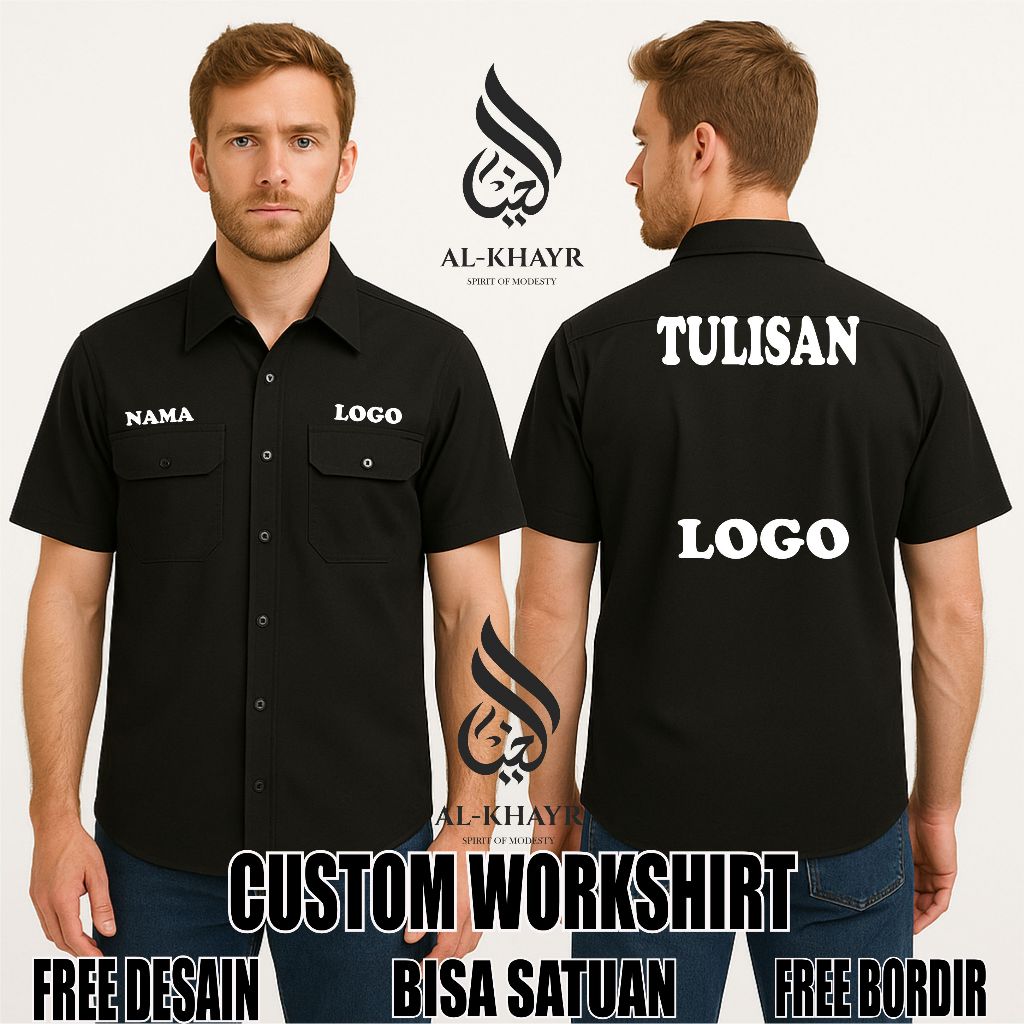 Alkhayr/ Workshirt Custom Bordir / Seragam Workshirt Custom / Kemeja Pendek Bordir Bisa Satuan S-5XL