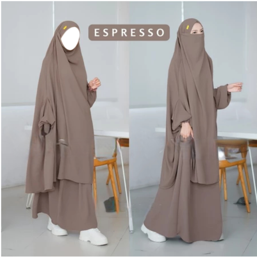 French Set Gamis Khimar Syari Espresso - Bahan Premium Dingin Lembut Jatuh Anti Kusut & UV