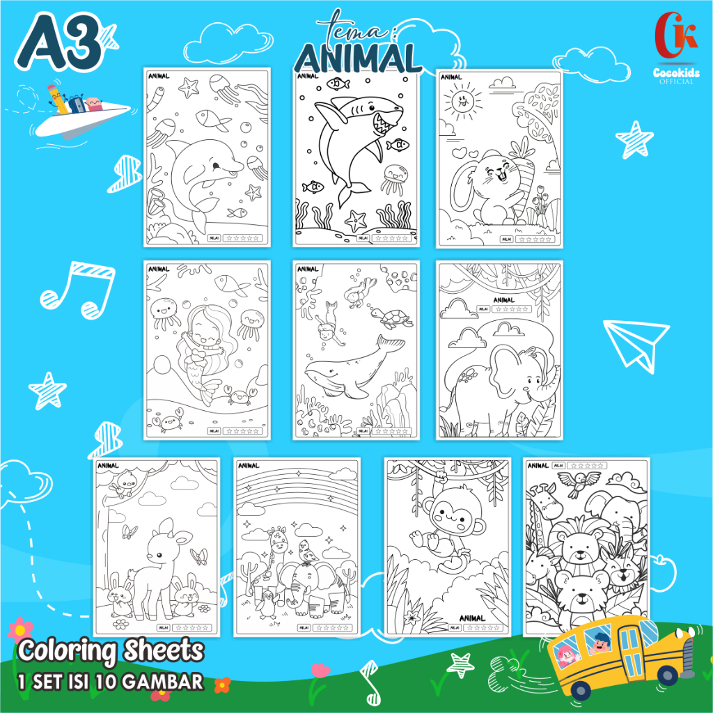 

(ANIMAL 01) KERTAS MEWARNAI ANAK A3 - COLORING SHEETS SERIES 1 - LEMBAR MEWARNAI ANAK PAUD/TK/SD