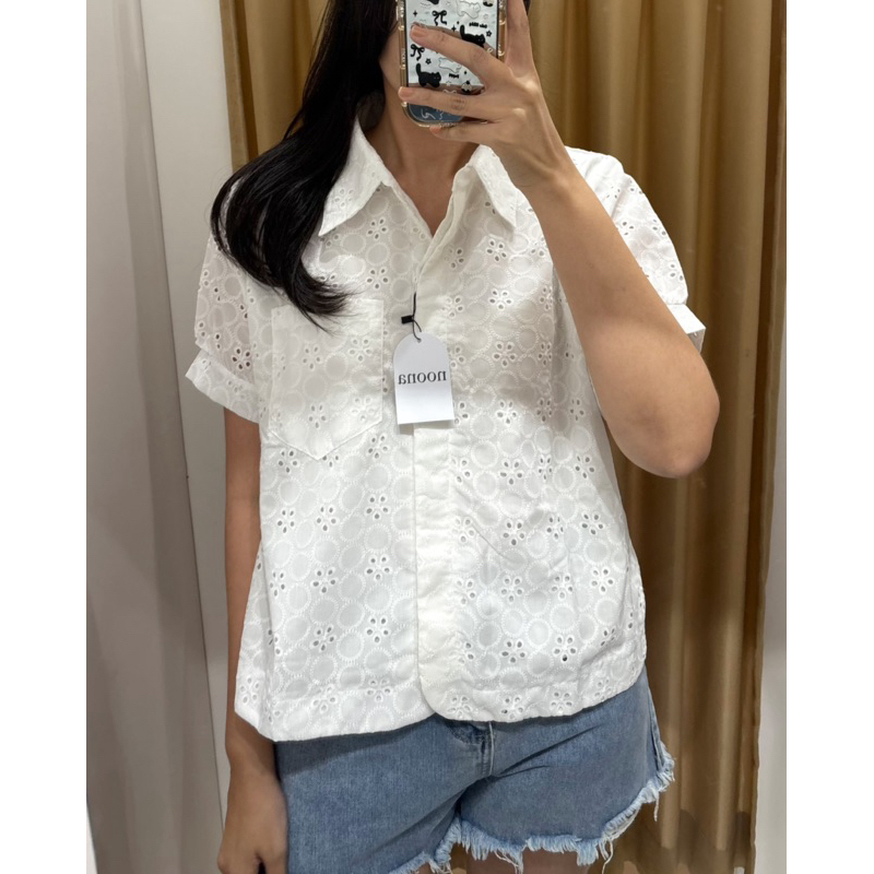 [Noona Butik] Kemeja Putih Brokat Lace Top Katun Bolong Katbol Atasan pendek
