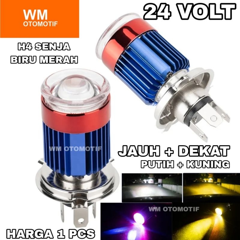 Lampu LED Utama Depan 24 Volt H4 Bodi Senja Biru Merah High Low 2 Warna Laser Gun Putih Kuning D3 Tr