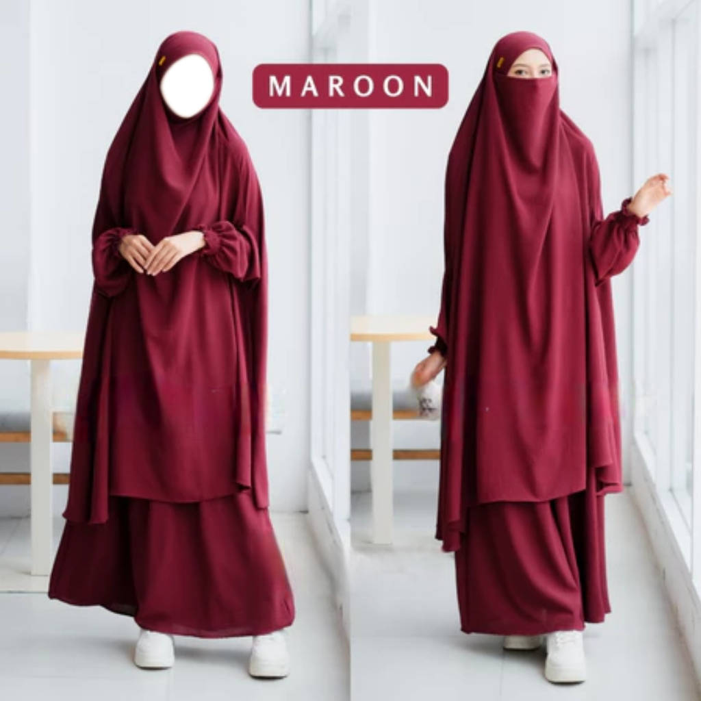 French Set Gamis Khimar Syari Warna Maroon – Bahan Adem Lembut Jatuh Anti Kusut & UV Premium