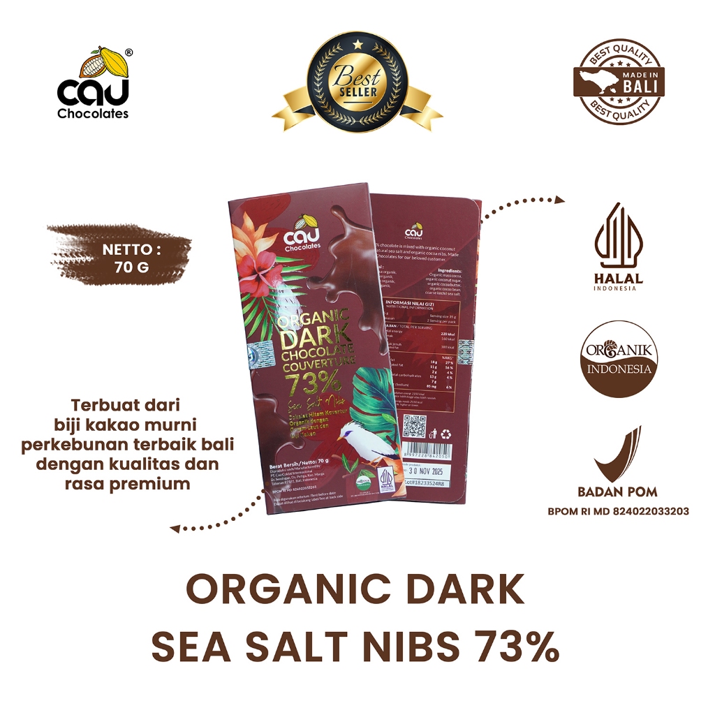 

CAU CHOCOLATES - Organik Dark Chocolate 73% Sea Salt Nibs - 70 gr