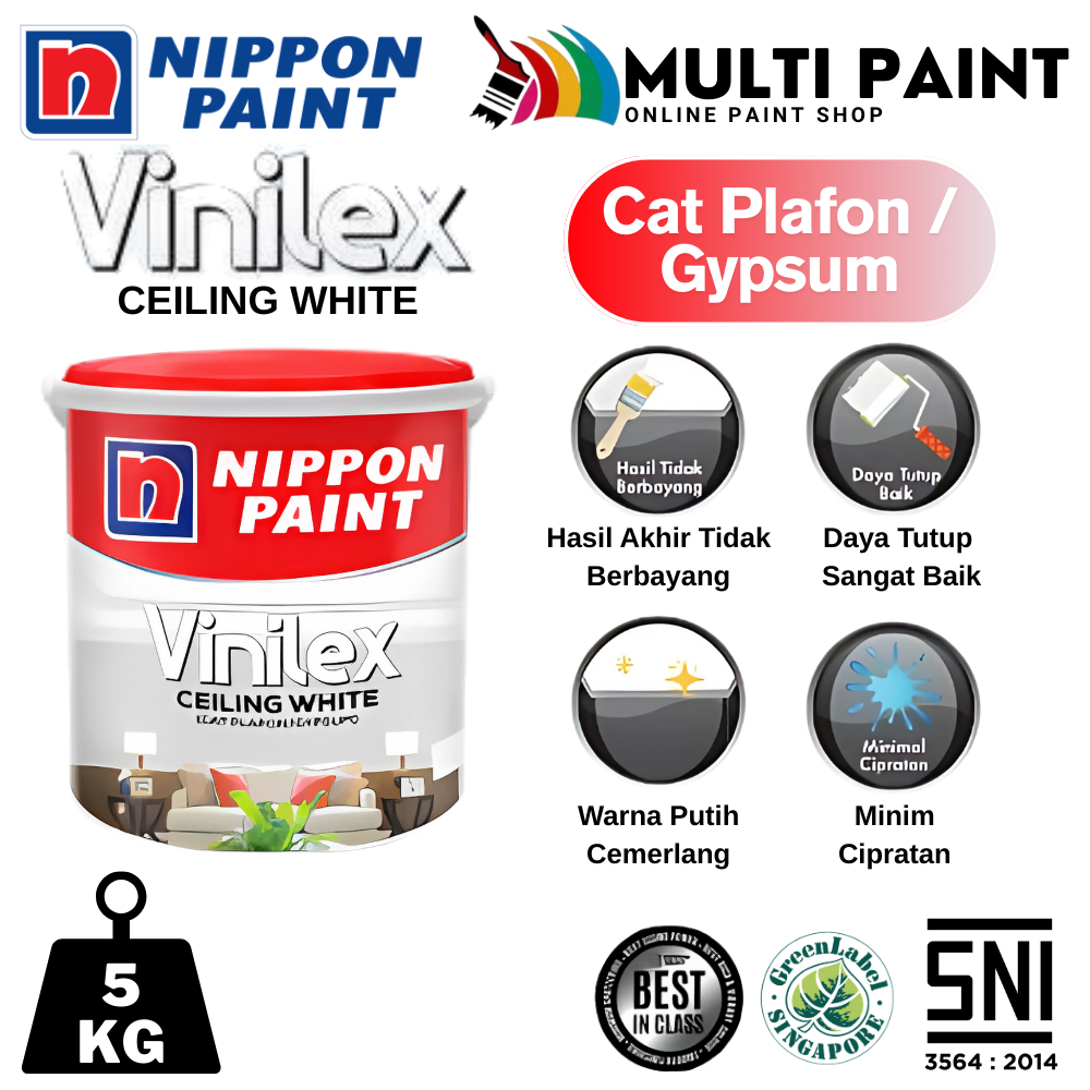 NIPPON PAINT VINILEX CEILING WHITE 5KG VINILEX CAT PLAFON GIPSUM 5KG CAT NIPON VINILEX PUTIH 5KG