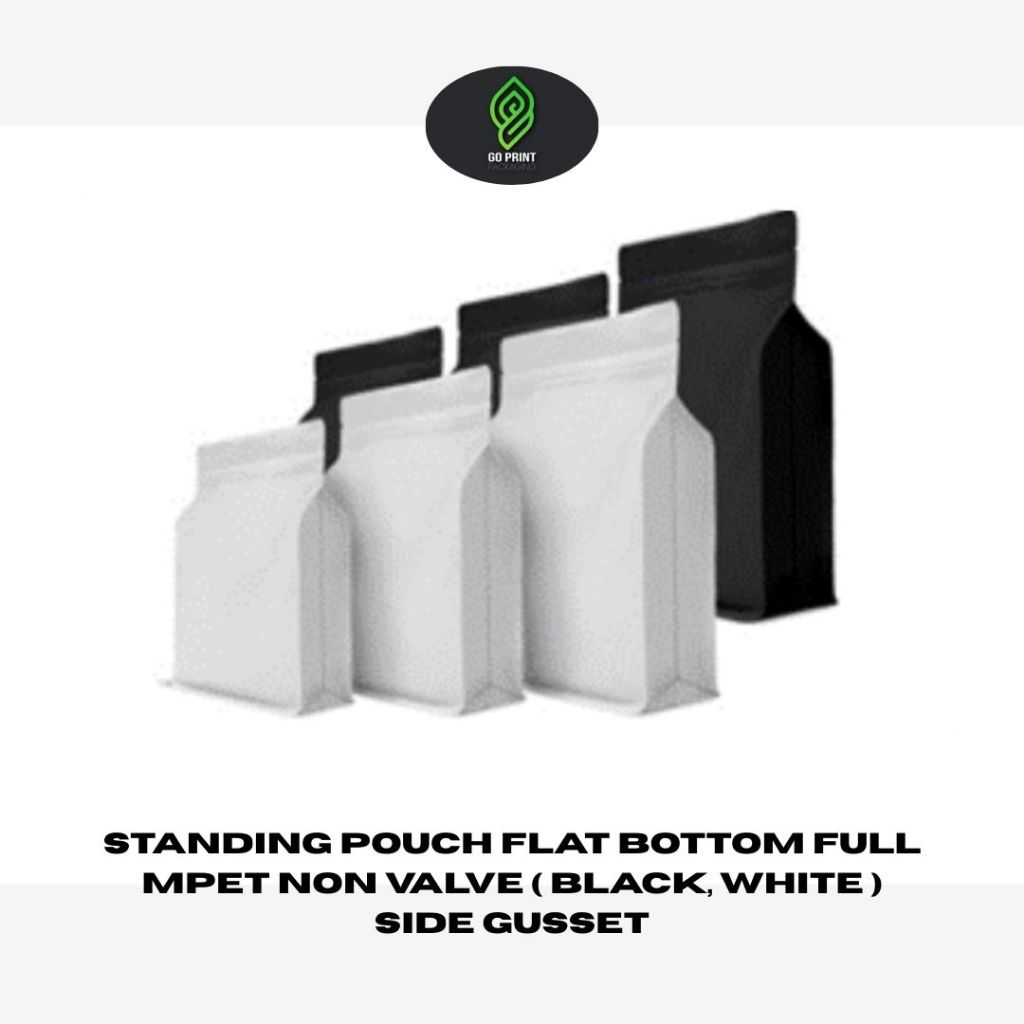 Standing Pouch Flat Bottom Full MPET Non Valve (Black, White) Side Gusset - 100 um