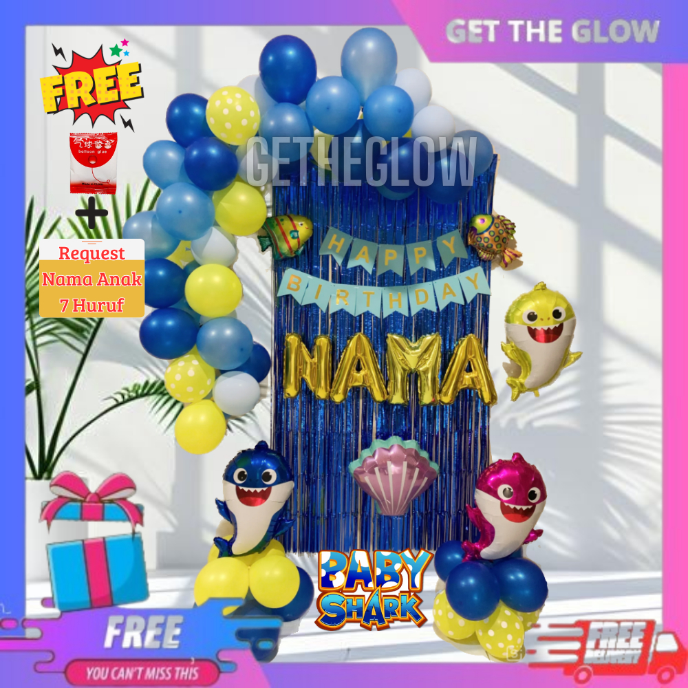 Dekorasi Balon Paket Ulang Tahun Tema BabyShark Garland Dekorasi Balon Set BabyShark Laut Biru Karak