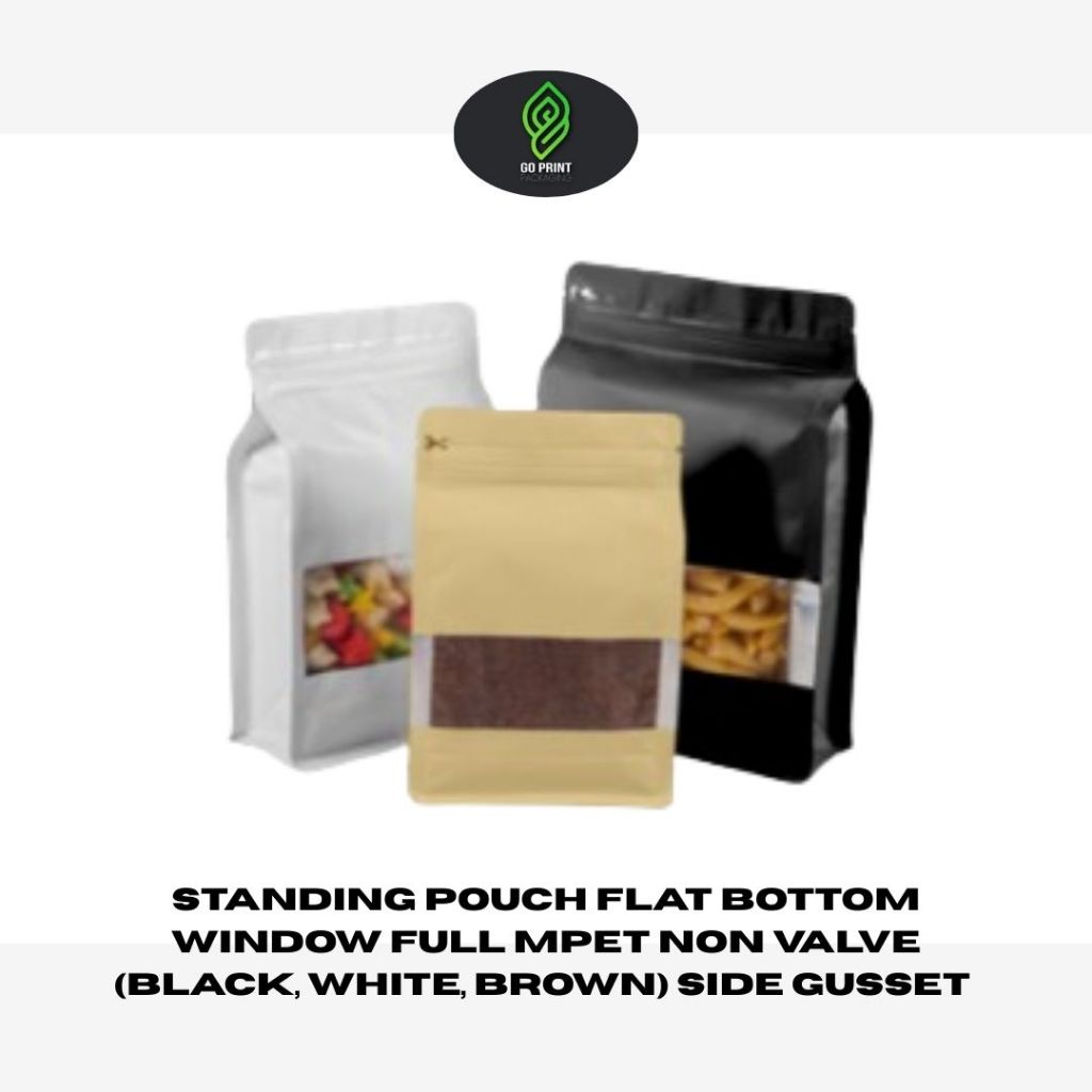 Standing Pouch Flat Bottom WINDOW Full MPET Non Valve (Black, White, Brown) Side Gusset - 100 um