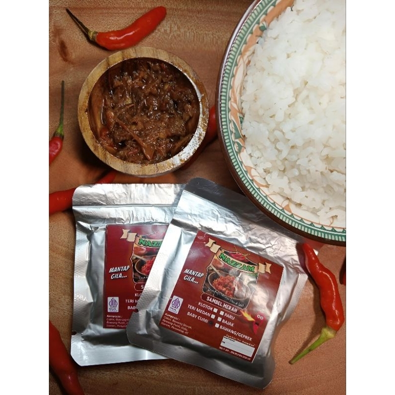 

Sambal Sachet Aneka Varian - Sambal Baby Cumi, Klotok, Teri, Bajak, Geprek, Paru, Ijo Padang