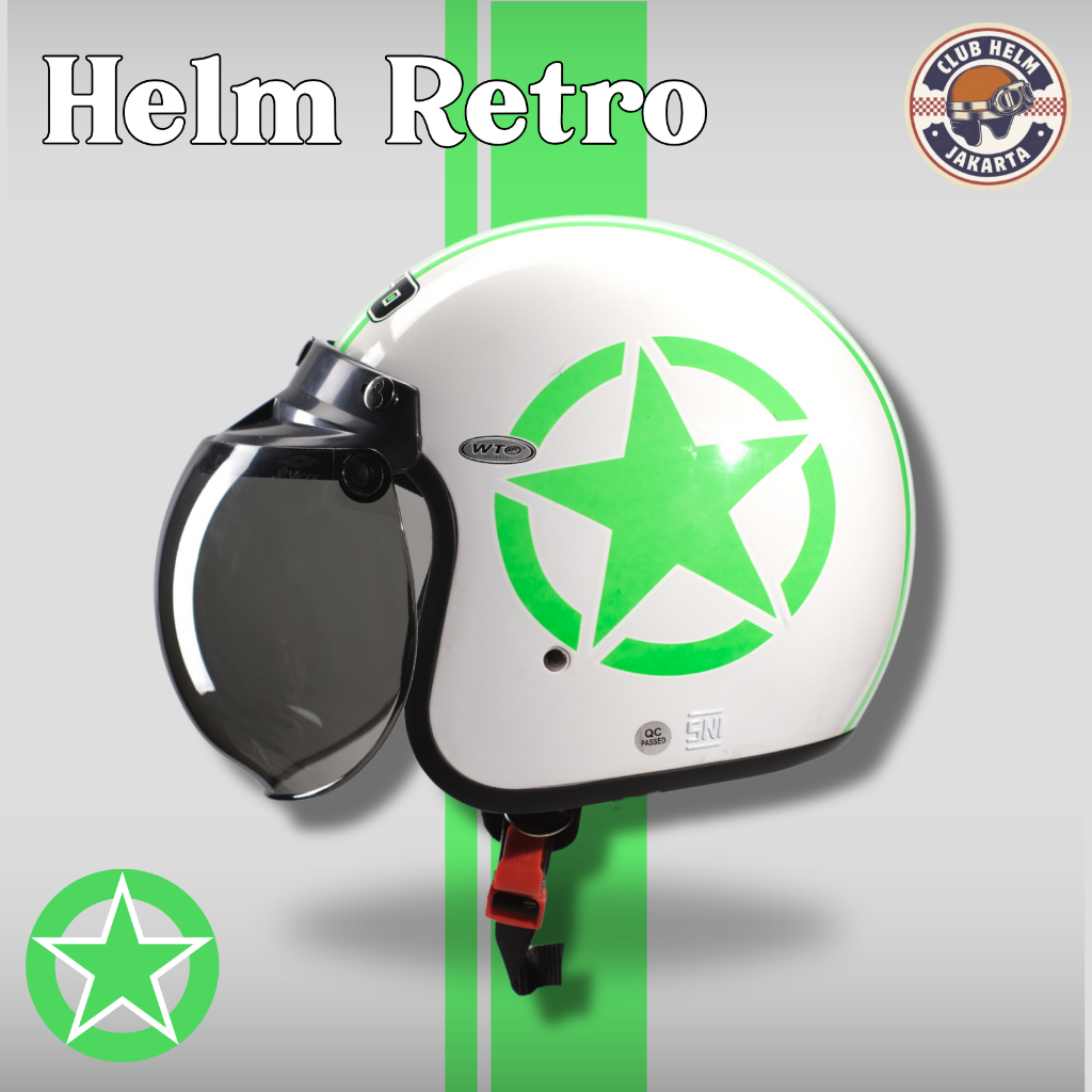 Helm Retro Bogo Remaja / Dewasa Unisex Pria Wanita Cowo Cewe SNI Motif Round Star Green