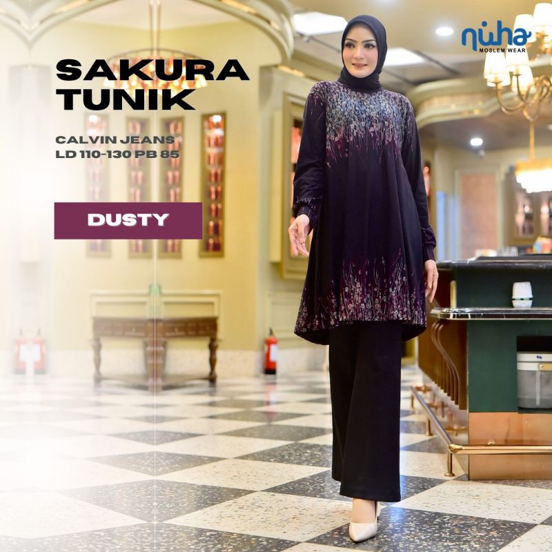 SAKURA TUNIK ATASAN BAJU MUSLIM TERBARU 2025 CALVIN JEANS JUMBO LD 110 MELAR 130 PB 85 Blue Dusty Br
