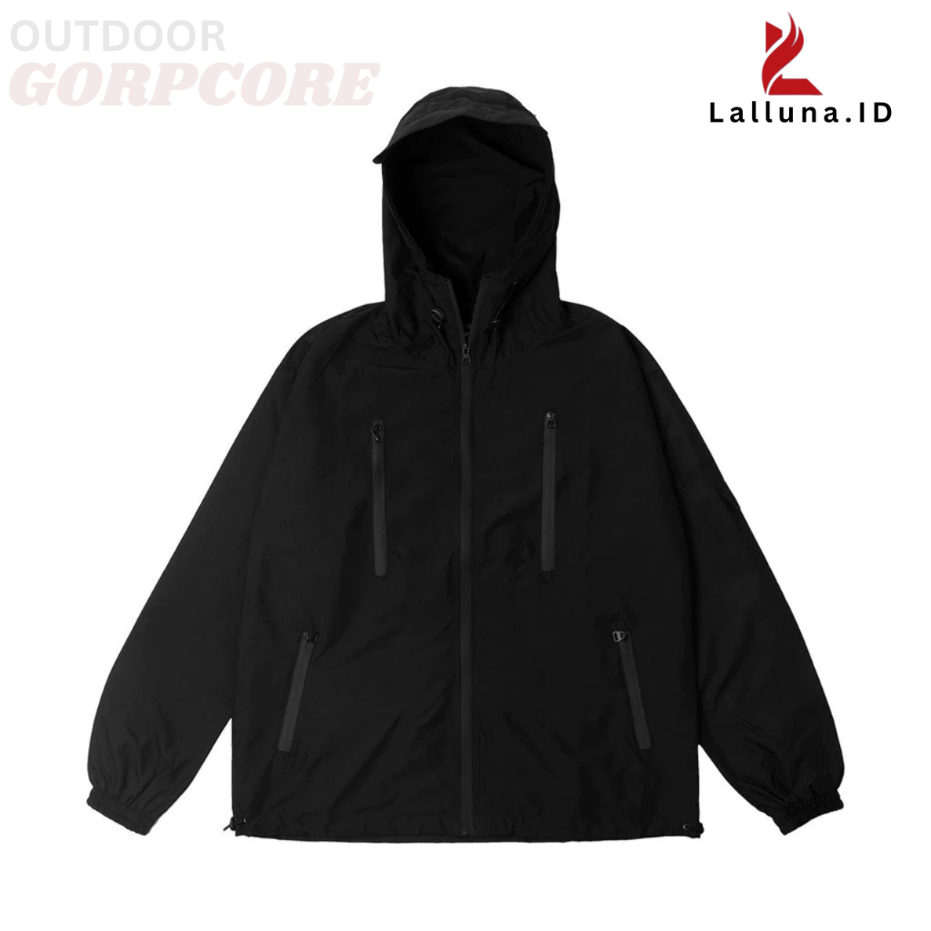 Pullover Jacket Gropcore - Black On Black Jaket Windbreaker Outerwear