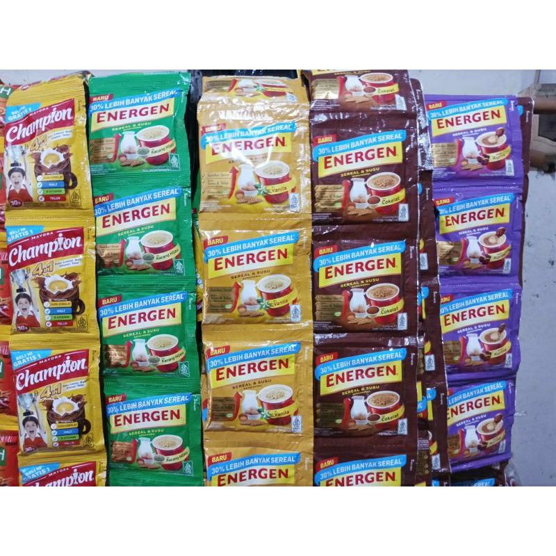 

Energen vanilla,coklat,kacang hijau,kurma dan chapion