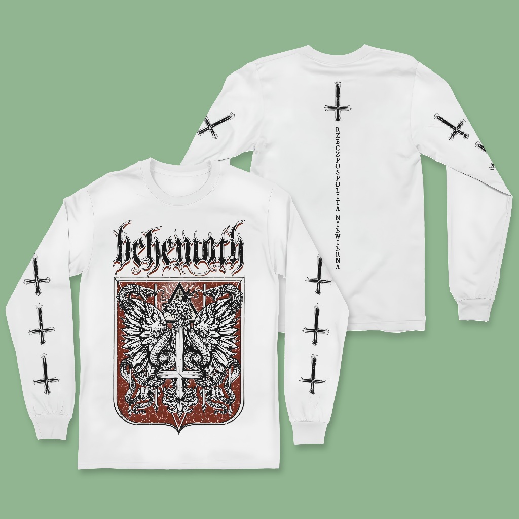 Kaos Musik Deathmetal BEHEMOTH - FLAG 100% Cotton COMBED 30s Putih Tangan Panjang Rib