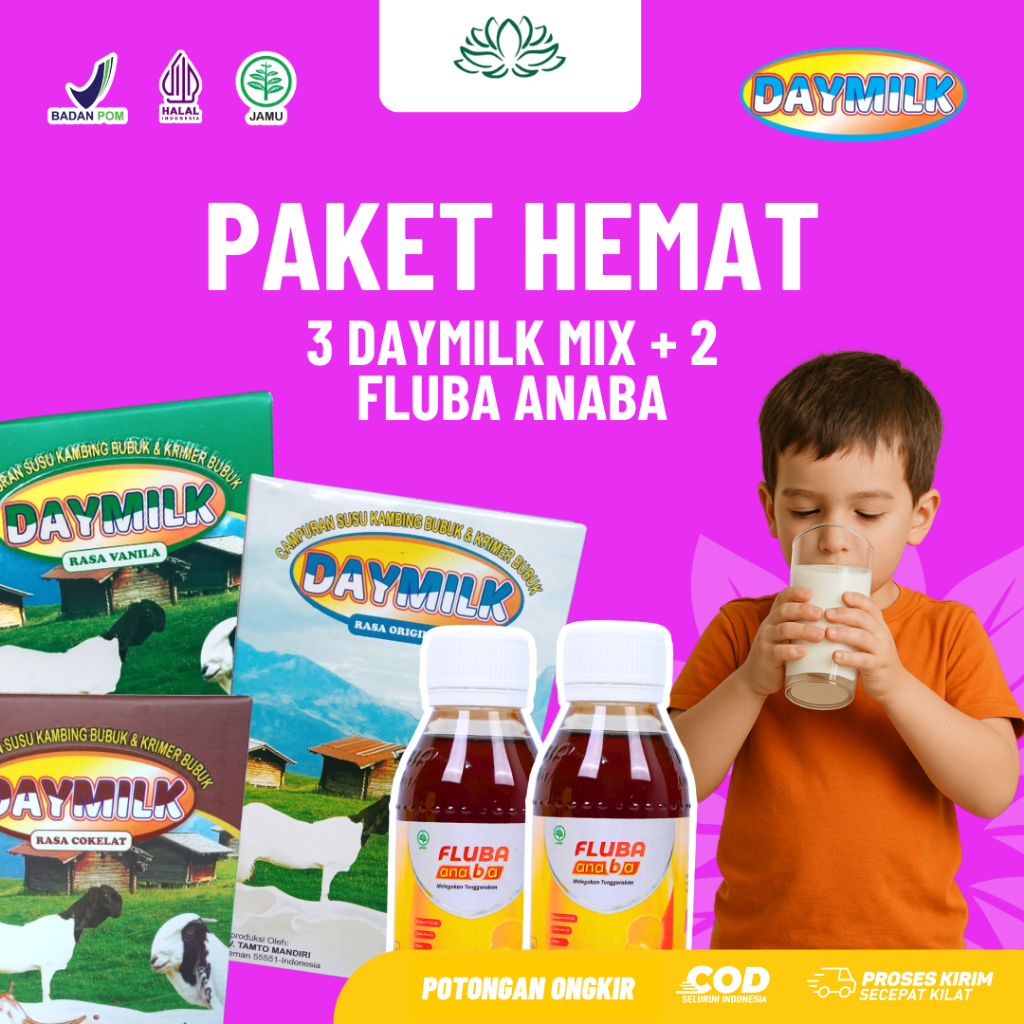 

BUNDLING HEMAT | 3 BOX DAYMILK (COK, ORI, VNL) + 2 BOTOL MADU FLUBA ANABA 130ml ATASI RADANG TENGGOROKAN | HALAL BPOM
