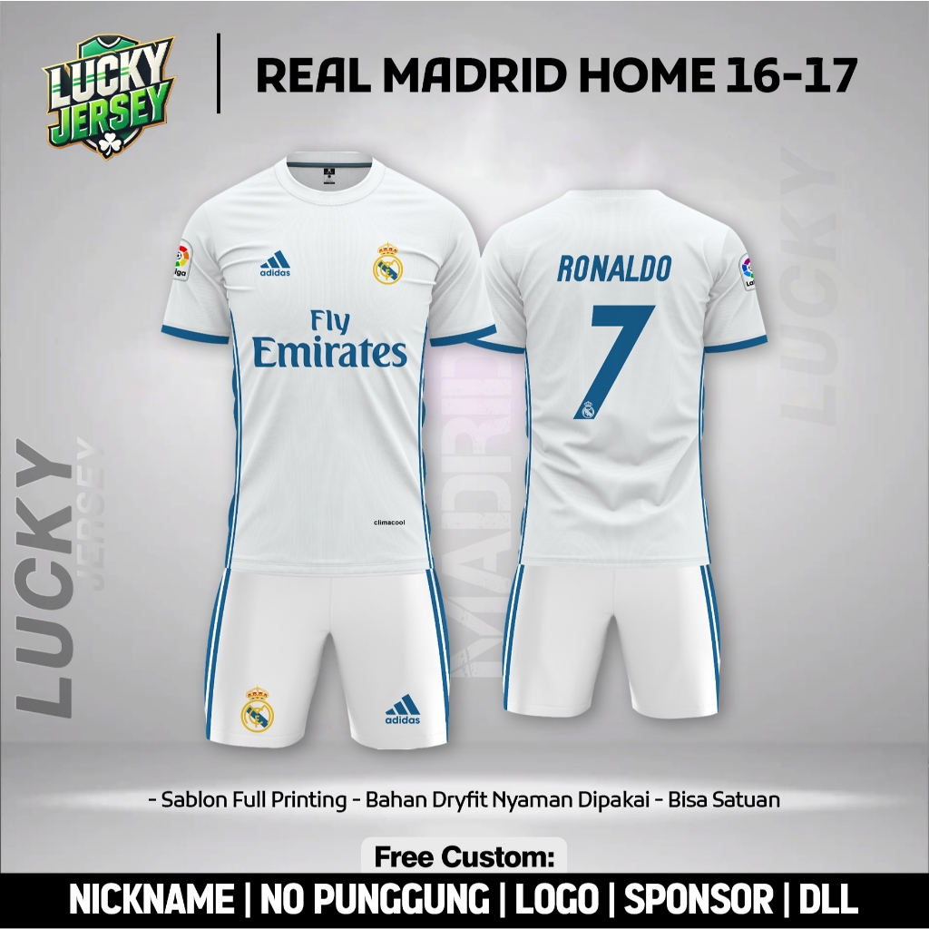 Baju Bola Real Madrid Home 2016 - 2017 Jersey Free Custom Nama dan Nomor Punggung