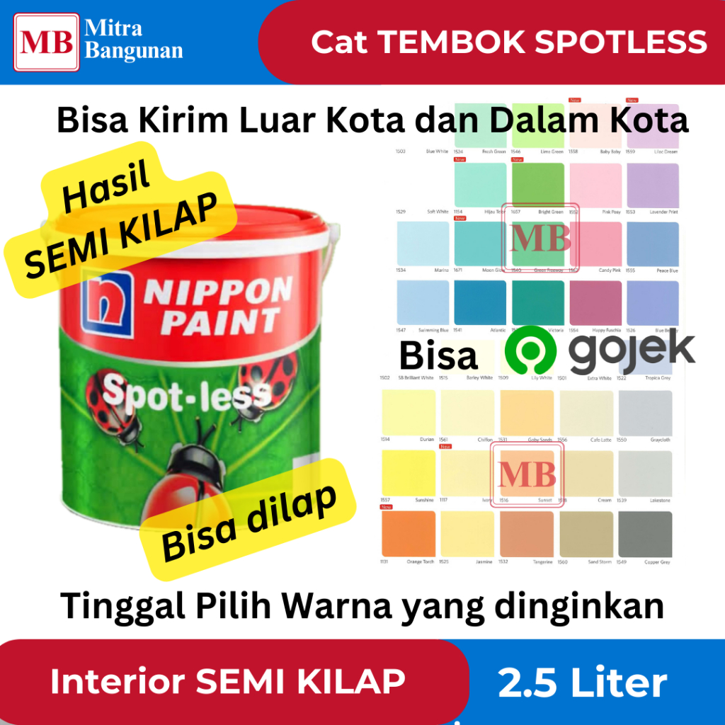NIPPON PAINT SPOTLESS CAT TEMBOK INTERIOR SEMIKILAP 2.5 Liter WARNA PUTIH,BIRU,HIJAU,COKLAT,ABU,KREM