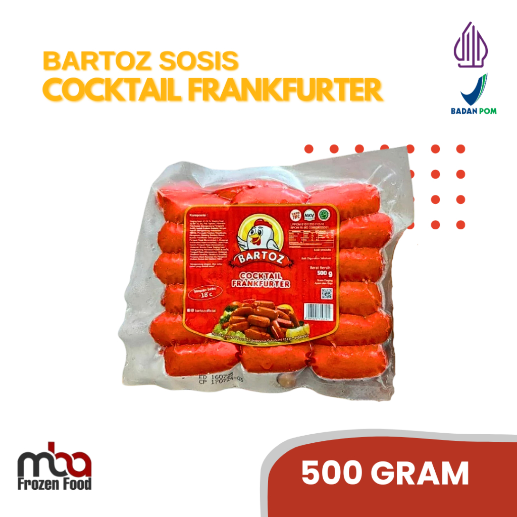 

BARTOZ Sosis Cocktail Frankfurter 500 gram /Sosissapi /Sapi /Sosis /Daging /Kornet /Sate /Snack /Camilan /Dagingsapi /Dagingayam /Ayam /Frozen food