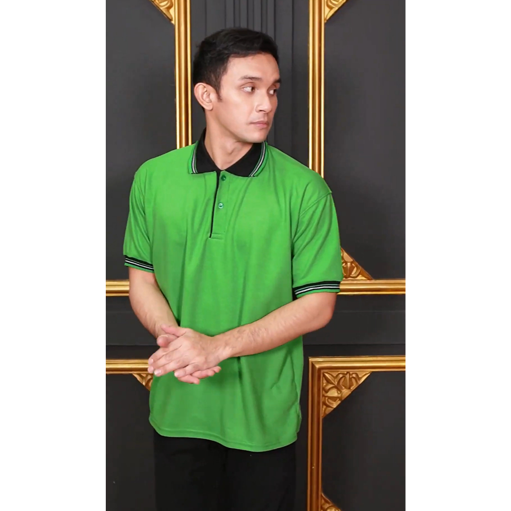 Polo Shirt Krah Kombinasi Hijau Fuji Kerah Hitam Unisex Cowok Cewek polos Kaos Kerah Murah Kerah