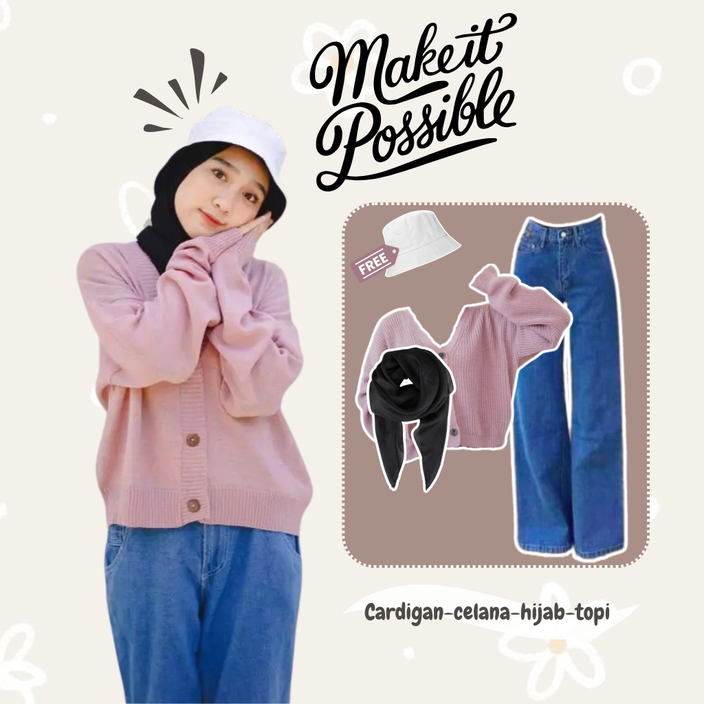 Oneset 4in1 Korean Style One Set Wanita (Cardigan+celana jeans+hijab+topi),Korean OOTD Kekinian Untu