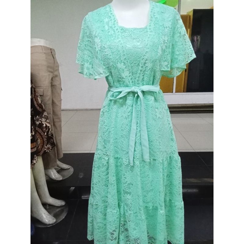 LONG DRESS GAUN PANJANG BAHAN FULL BROKAT TANPA GLITTER LENGAN 3/4 LEHER SABRINA PAYET FREE BELT WAR