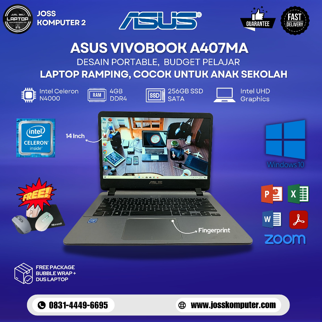 Laptop Kantor/Sekolah Murah ASUS Vivobook A407MA Intel Celeron N4000 / RAM 4GB / SSD 256GB / Intel U