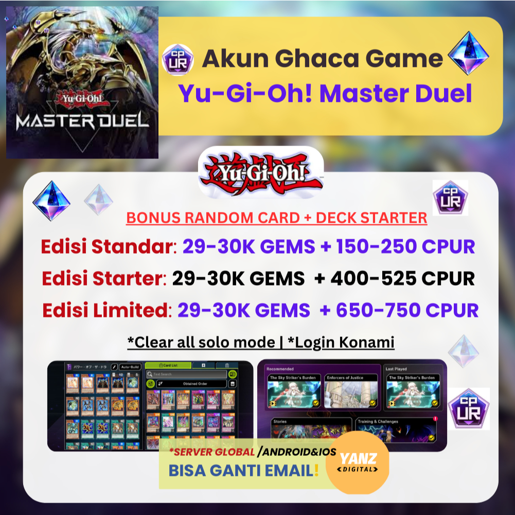 Paket Akun Gacha Yu-Gi-Oh Master Duel [29-30k Gems + 150-1100 CPUR] Bonus Deck dan Card