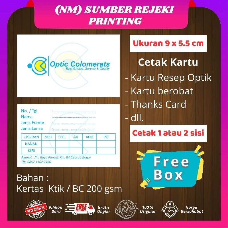 

Kartu Resep Kacamata / 1 Box isi 100 lembar / bisa 1 sisi atau 2 sisi / ukuran 9x5.5 cm