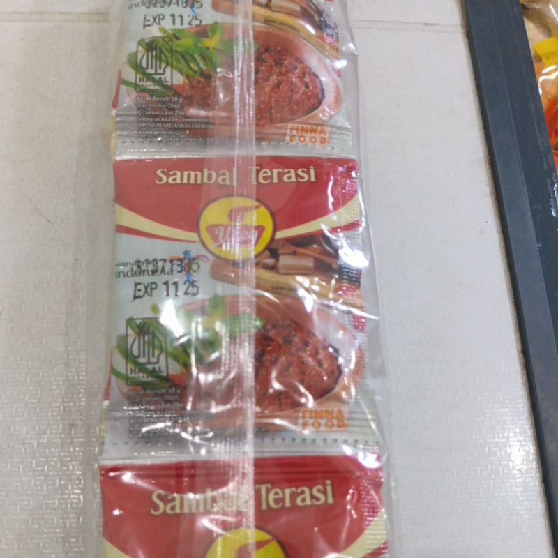 

Sambal Terasi Uleg dari FINNA,Satu renteng isi 12bks, 18gram/bks