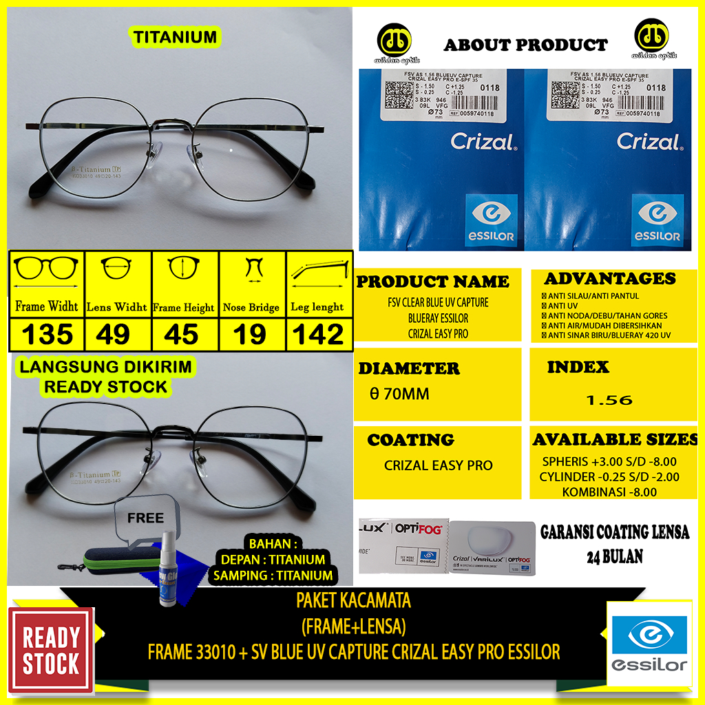 PAKET KACAMATA FRAME TITANIUM 33010+ESSILOR BLUE UV CAPTURE CRIZAL EASY PRO/ELEMENTS ORIGINAL